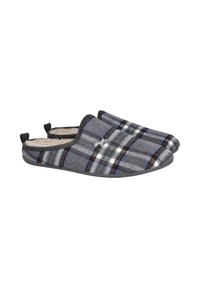 Zapatillas a cuadros grises con un interior suave, con un diseño fácil de poner, ribete negro y colores contrastantes de azul, rojo y blanco en el patrón.