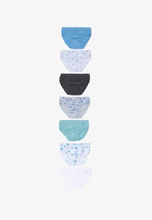 Sept paires de slips pour enfants en bleu, noir, blanc, sarcelle et blanc à motifs bleus, disposées verticalement sur un fond blanc.