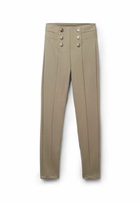 Beige högmidjade byxor med fyra dekorativa knappar vid midjan, som har vertikala sömmar och en åtsittande passform längs benen.