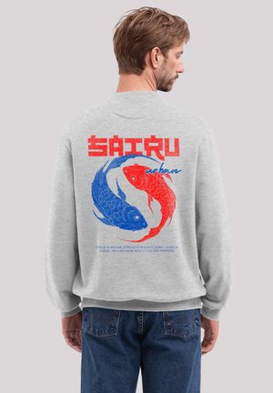 Gray sweatshirt featuring a graphic of red and blue koi fish in a circular design, with "SAI RU" text above and additional wording below.