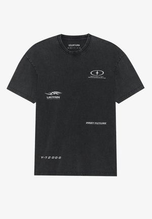 Black cotton t-shirt featuring short sleeves, a round neckline, and multiple white printed graphics and text on the front.