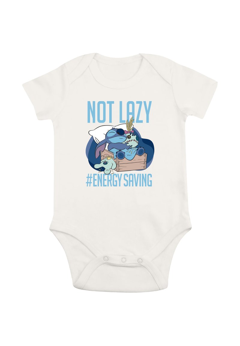 White onesie featuring a blue cartoon character sleeping on a bed, with "NOT LAZY" and "#ENERGY SAVING" printed in light blue text.
