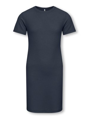 Mørk marineblå, ribstrikket kjole med korte ærmer, rund halsudskæring, knælængde, lige pasform og enkelt design på hvid baggrund.
