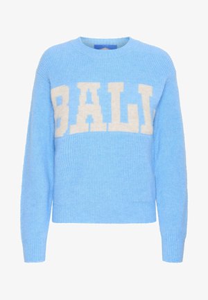 Maglione lavorato a maglia color azzurro cielo con il logo "BALI" color crema sul petto. Tessuto a costine nei polsini e nell'orlo, con scollatura rotonda.