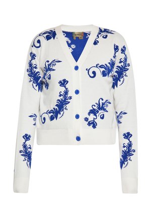 Hvid cardigan med blåt blomstermønster, V-hals, knaplukning og lange ærmer. Blød tekstur med dekorative blå knapper.