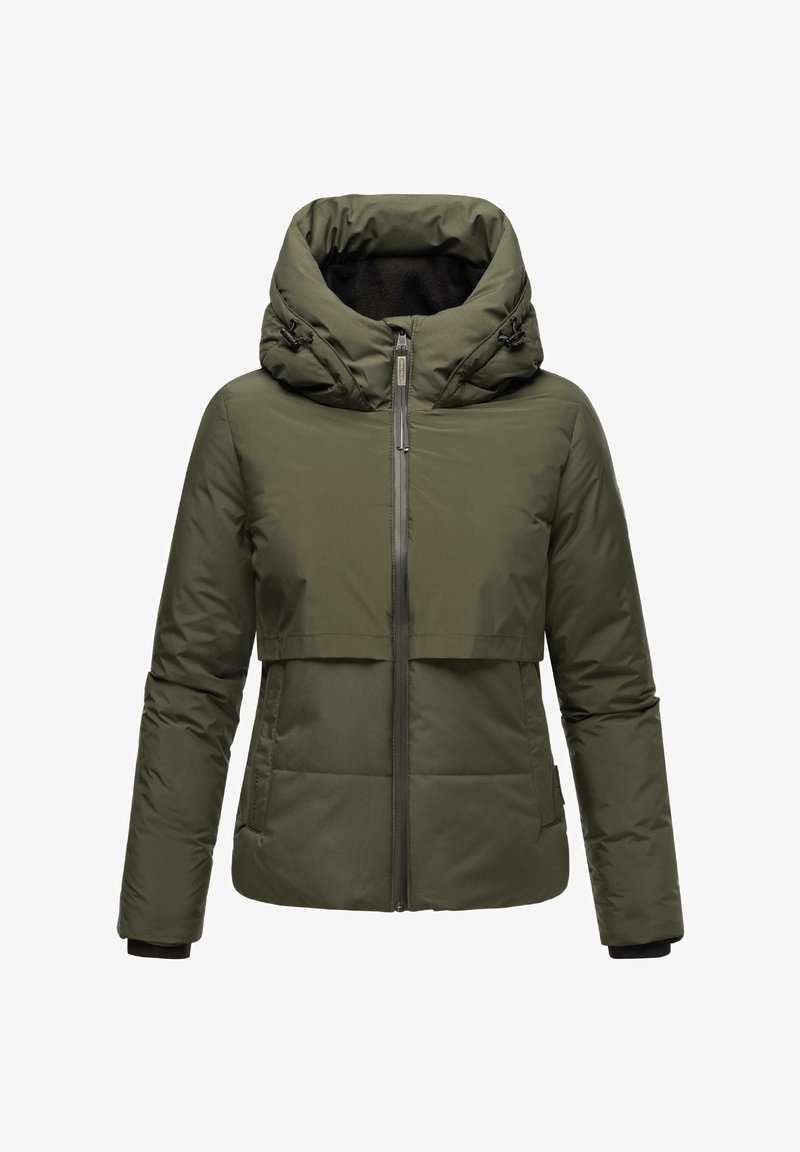 Olive green insulated jacket featuring a padded design, high collar with a detachable hood, and front zip closure with side pockets.
