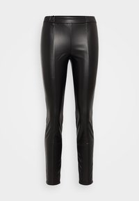 Leggings en faux cuir noir avec une coupe ajustée, une taille élastique et des coutures latérales pour plus de structure. Texture lisse et silhouette élégante.