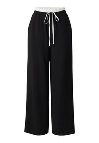 Schwarze weite Hosen mit elastischem Bund und weißem Kordelzug. Hergestellt aus weichem Stoff, mit glatter Textur und ohne sichtbare Muster.