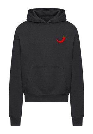 Black hooded sweatshirt made of soft fabric with a front pocket and red chili pepper embroidery on the left chest area.