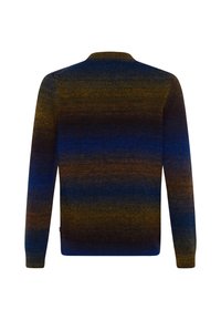 Pull tricoté à manches longues avec un motif dégradé de couleurs bleu foncé, marron et jaune moutarde, vu de dos.