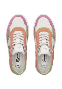 Multicolored sneakers featuring white perforated mesh and suede accents in pink, orange, and green. Rounded toe and lace-up design.
