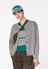 Grau cardigan mit Knöpfen, gestreiftes grün-graues Sweatshirt darunter, braune Hose, blaues gemustertes Cap, braune Umhängetasche und grüne Handschuhe.