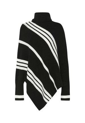 Poncho noir en tricot avec un col montant, présentant des rayures blanches diagonales et des accents rayés aux manches. Texture douce, forme asymétrique.