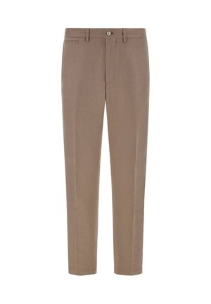 Chinos beige avec une coupe slim, dotés de poches avant, d'une fermeture à bouton et d'une texture de tissu adaptée à une tenue décontractée ou semi-formelle.