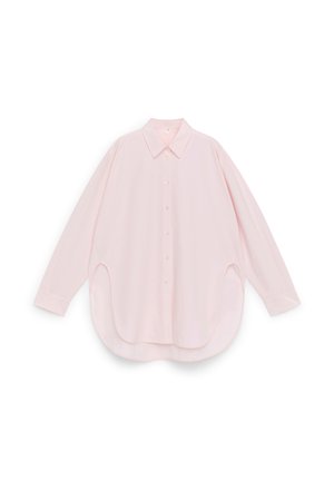 Light pink, long-sleeved shirt; features a classic collar, button closure, and curved hem with side slits. Soft fabric with a smooth texture.