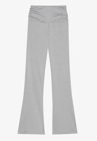 Gray flared pants made from soft, stretchy material. Features a gathered waistband and a smooth texture throughout.
