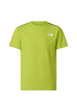 Jasnozielona koszulka wykonana z miękkiego materiału, z krótkimi rękawami, okrągłym dekoltem i małym białym logo na piersi.