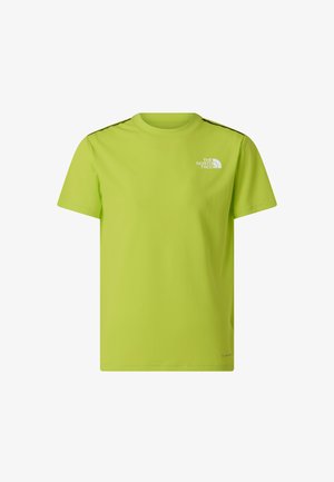 Fel limoengroene T-shirt van zacht materiaal, met korte mouwen, een ronde hals en een klein wit logo op de borst.