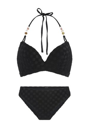 Zwart bikini set met een textuur, geweven patroon. Bovenkant heeft verstelbare banden met kralenaccenten; onderkant is een klassieke snit met een vergelijkbare textuur.