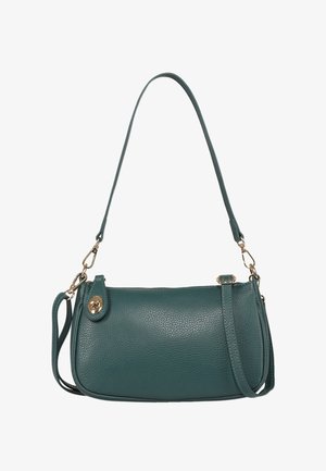 Sac à bandoulière en cuir bleu sarcelle avec bandoulière amovible, fermoir doré à tourniquet et texture grainée, présenté sur fond blanc.