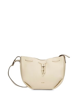 Sac à épaule en cuir couleur crème avec sangle réglable et détail de nœud sur le devant, sur une surface lisse, photographié sur fond blanc.