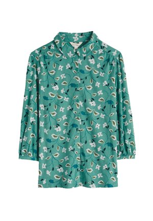 Green floral shirt with long sleeves, button-up front, and a collar. Made of soft fabric with white flowers and leafy patterns.