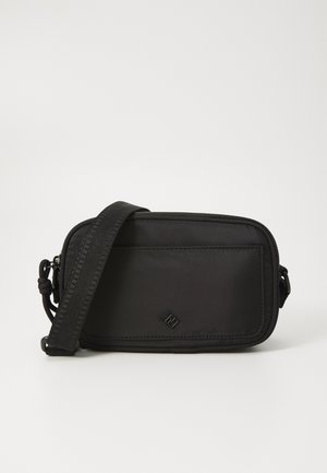 Black nylon crossbody bag with a zip closure, flat front pocket, and a textured strap. Features a small logo on the front.
