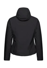 Black insulated hooded jacket with long sleeves shown from the back on a white background, no visible logos or patterns.