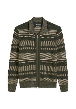 Donkergroene gebreide ritstrui met een patroon in beige en lichter groen, voorzien van een geribde kraag en boorden.