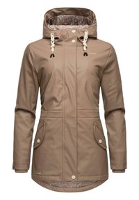 Water-resistant brown parka with a hood, drawstring accents, two side pockets, snap buttons, and a patterned inner lining.