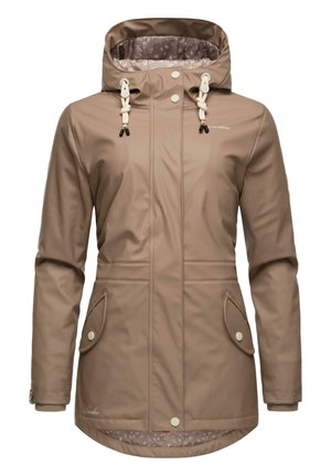 Parka marron résistant à l'eau avec une capuche, accents à cordon de serrage, deux poches latérales, boutons-pression et doublure intérieure à motifs.