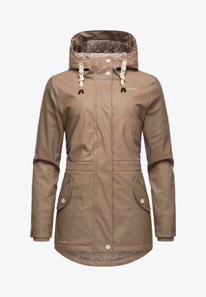 Vedenkestävä ruskea parka, jossa on huppu, nyörikoristeet, kaksi sivutaskua, napit ja kuvioitu sisävuori.