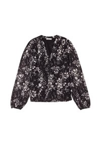 Blouse noire avec un motif floral blanc. Dotée de manches longues bouffantes, d'un décolleté en V et d'une fermeture à boutons sur le devant. Tissu léger.