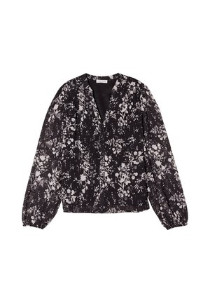 Sort bluse med et blomsterprint i hvid. Har lange puffede ærmer, en V-halsudskæring og en knaplukning foran. Letvægtsstof.