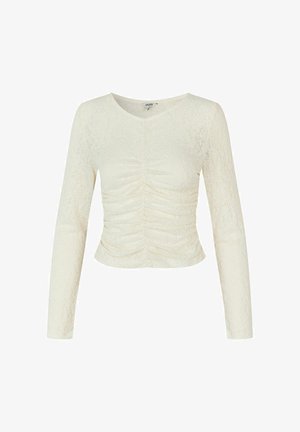 Witte top met lange mouwen van een gestructureerde stof, met geplooide details aan de voorkant en een ronde halslijn. Korte, croptopstijl.