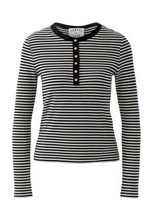 Black and white horizontal striped long-sleeve shirt with black collar and vertical button placket featuring six gold buttons.