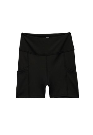 Zwarte sportieve shorts met een hoge tailleband, voorzien van twee zijzakken, een soepele textuur en contrasterende stiksels.