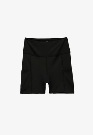 Pantalones cortos deportivos negros con una cintura alta, que cuentan con dos bolsillos laterales, una textura suave y detalles de costura en contraste.