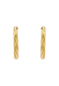 Orecchini a cerchio attorcigliati in oro con un design a spirale, texture liscia e una struttura a cerchio chiuso senza ulteriori abbellimenti.