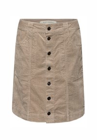 Jupe en velours côtelé beige avec une coupe droite, fermeture à boutons sur le devant, deux poches latérales et texture à côtes verticales. Les boutons noirs sont bien visibles.