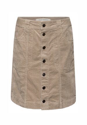 Beige corduroy-hame, jossa on suora leikkaus, edessä nappisulku, kaksi sivutaskua ja pystyribattua tekstuuria. Mustat napit erottuvat selvästi.