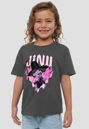 Dark gray t-shirt featuring a cartoon character with purple skin, black hat, and flames. Front design includes the name "JUNU" in pink text.