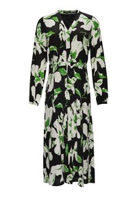 Blumenkleid mit schwarzem Hintergrund und großen weißen und grünen Blumen, langen Ärmeln, V-Ausschnitt und gefältelten Details an der Taille.