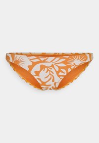 Fundă de bikini portocalie cu modele florale și de frunze albe. Confecționată dintr-un material fin, cu un croi mai jos și un elastic la talie.