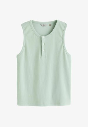 Maiou fără mâneci, verde mentă, cu model striat, guler rotund și trei nasturi albi pe clapa din față, etichetă de mărime mare vizibilă în interiorul gulerului.