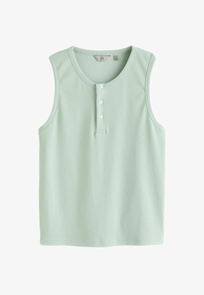 Haut sans manches vert menthe côtelé avec col rond et trois boutons blancs sur la patte de boutonnage avant, étiquette taille grande visible à l'intérieur du col.