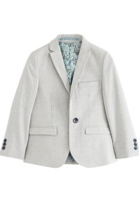 Blazer gris clair à bouton unique avec revers crantés, poignets à trois boutons, poches à rabat et doublure intérieure à motif floral.