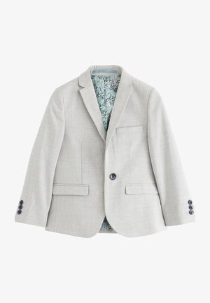 Sacou gri deschis cu un singur nasture, revere decupate, manșete cu trei nasturi, buzunare cu clapetă și căptușeală interioară cu model floral.