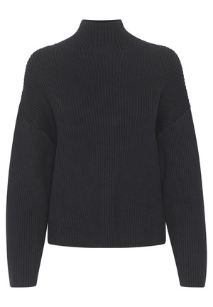 Black ribbed turtleneck sweater with dropped shoulders, wide sleeves, and a relaxed fit. Textured fabric with horizontal ribbing detail.