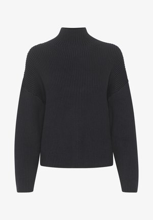 Pull-over noir à col roulé côtelé avec épaules tombantes, manches larges et coupe décontractée. Tissu texturé avec des détails en côtes horizontales.